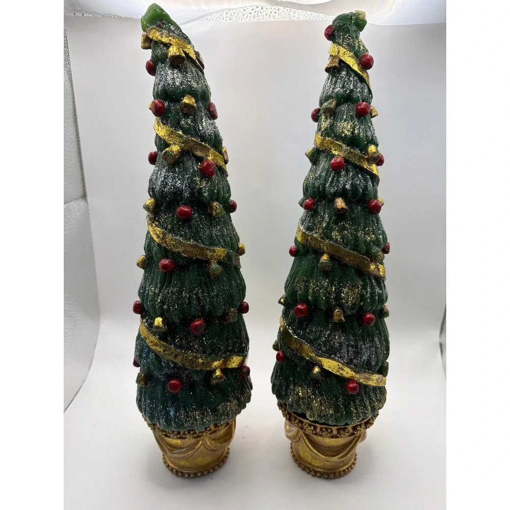 Department 56 Christmas Tree Pillar Candles Gold Base Glitter Set of 2 Green 12